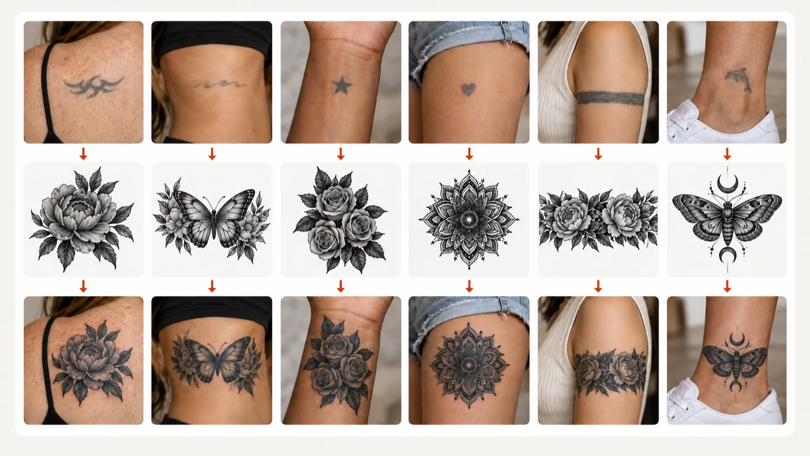 Six old tattoos covered with new peony, butterfly, rose, mandala and moth designs, shown before, as artwork and after