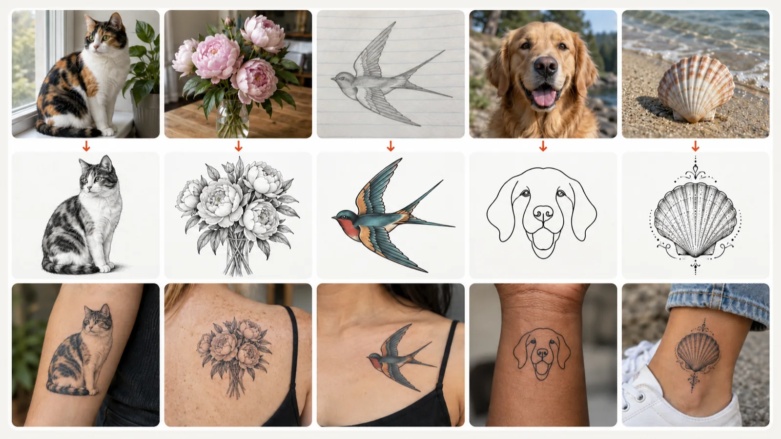 Photos of a cat, peonies, a swallow sketch, a golden retriever and a seashell converted into tattoo designs and shown on skin